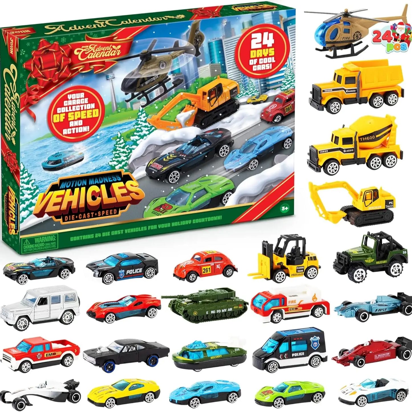 2026 Christmas Advent Calendar, 24 Days Countdown Calendar Diecast Cars Set, Christmas Vehicles Toys for Boys Kids, Classroom Prizes Xmas Gift, Xmas Party Favor Gifts, Advent Calendar Kids Slime with Accessories / Finger Puppets / Slime with Accessories