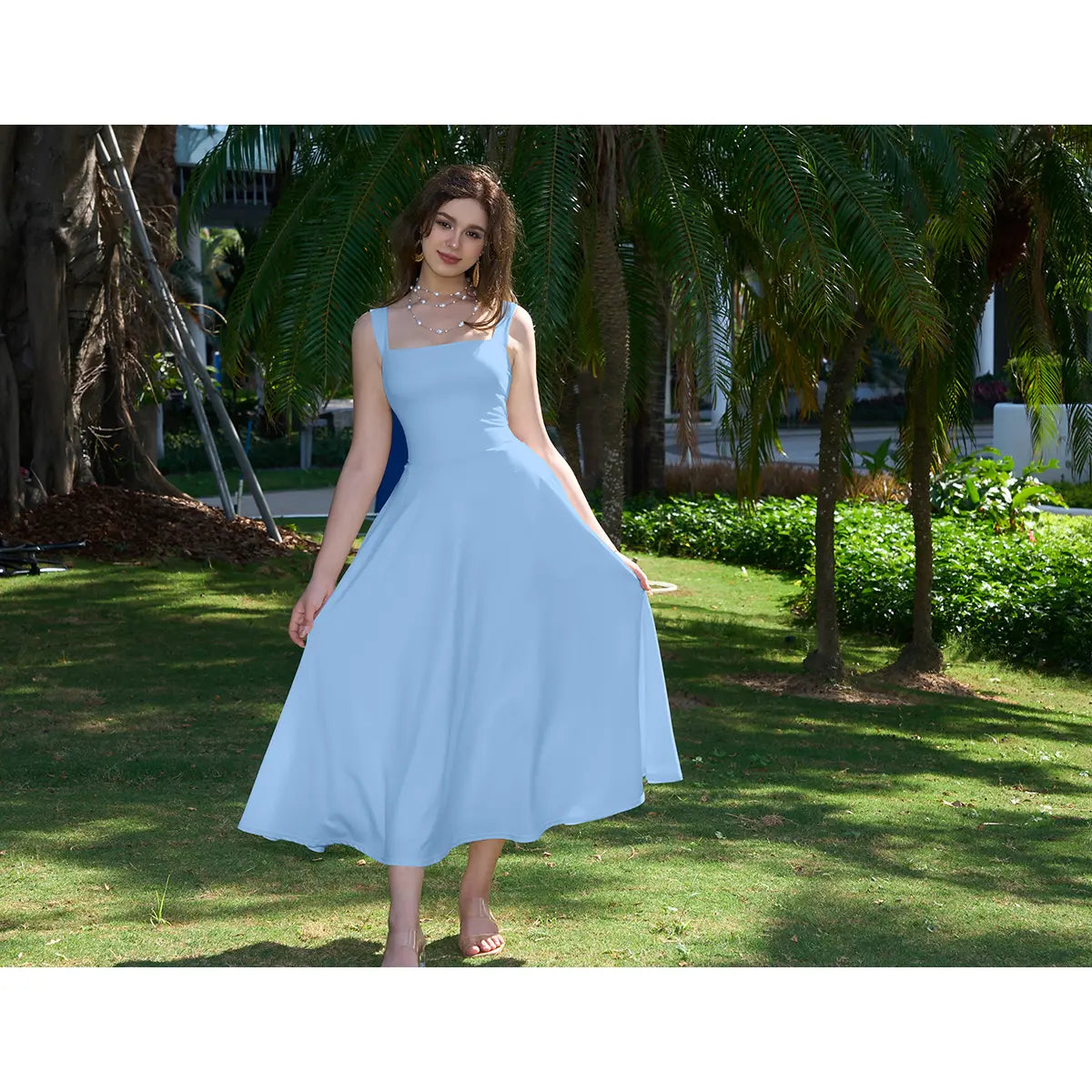 OYS Women's Casual Sleeveless Square Neck A-Line Dress