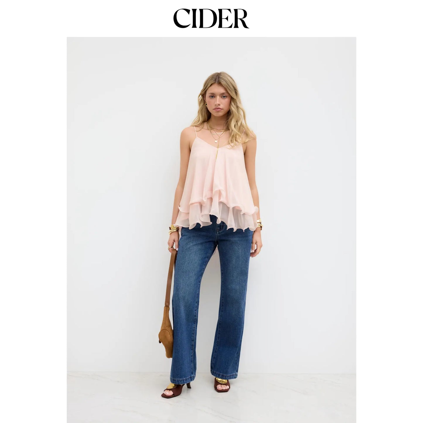 Cider Ruffle Hem Knotted Layered Mesh Cami Top