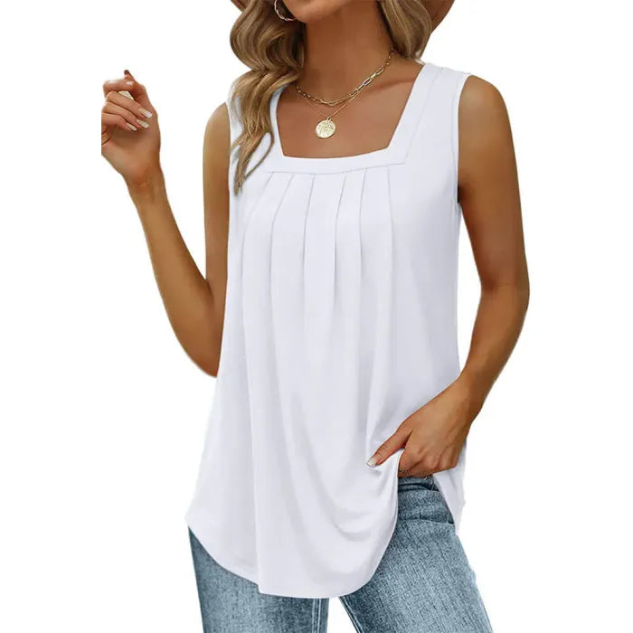 👕✨ Women's Square Neck Sleeveless Vest T-Shirt – Pleated Front, Flowy Fit, Versatile Style 🌸