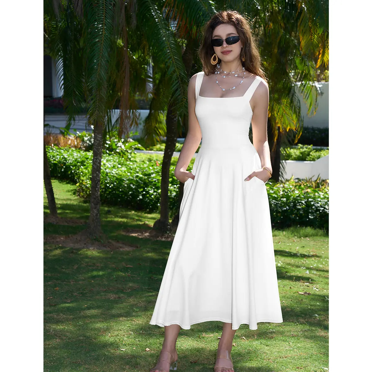 OYS Women's Casual Sleeveless Square Neck A-Line Dress