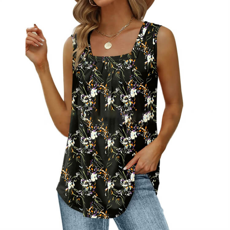 👕✨ Women's Square Neck Sleeveless Vest T-Shirt – Pleated Front, Flowy Fit, Versatile Style 🌸
