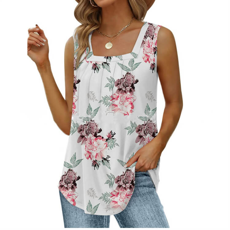 👕✨ Women's Square Neck Sleeveless Vest T-Shirt – Pleated Front, Flowy Fit, Versatile Style 🌸