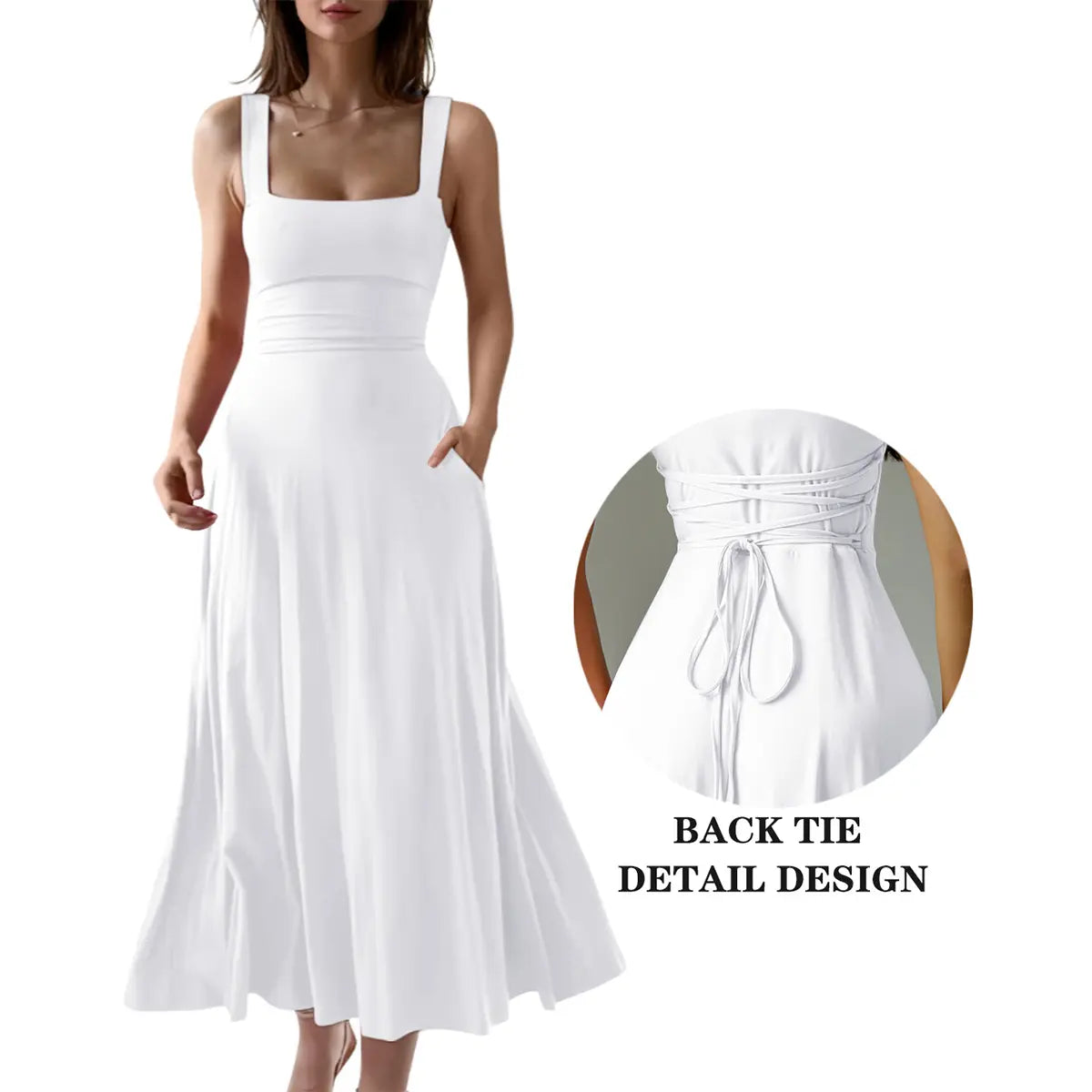 OYS Women's Casual Sleeveless Square Neck A-Line Dress