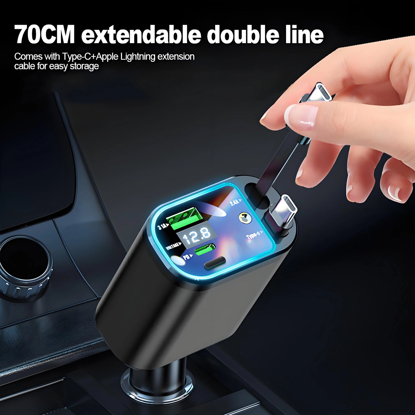 120W Super Fast Car Charger – Retractable Cable & Starlight LED