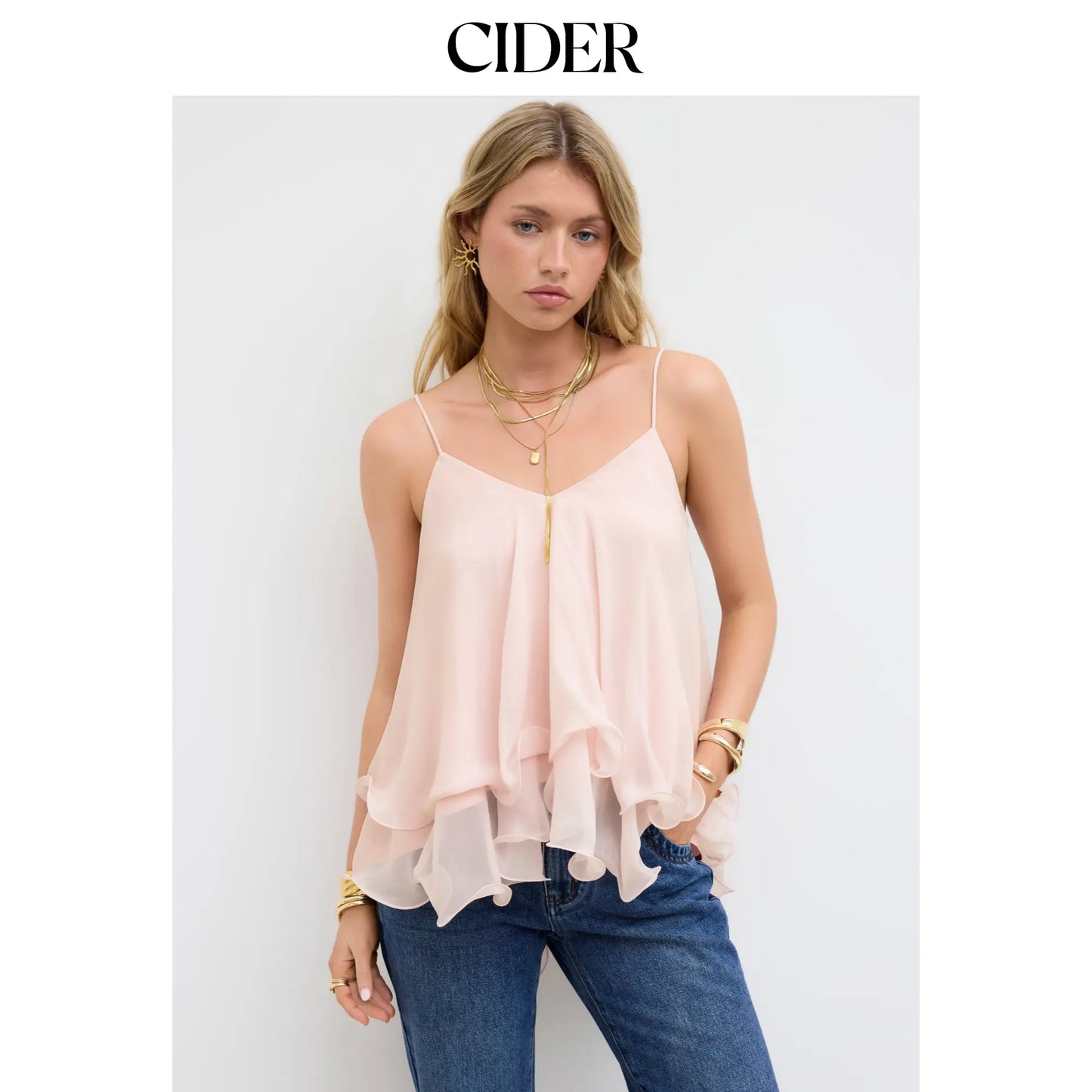 Cider Ruffle Hem Knotted Layered Mesh Cami Top