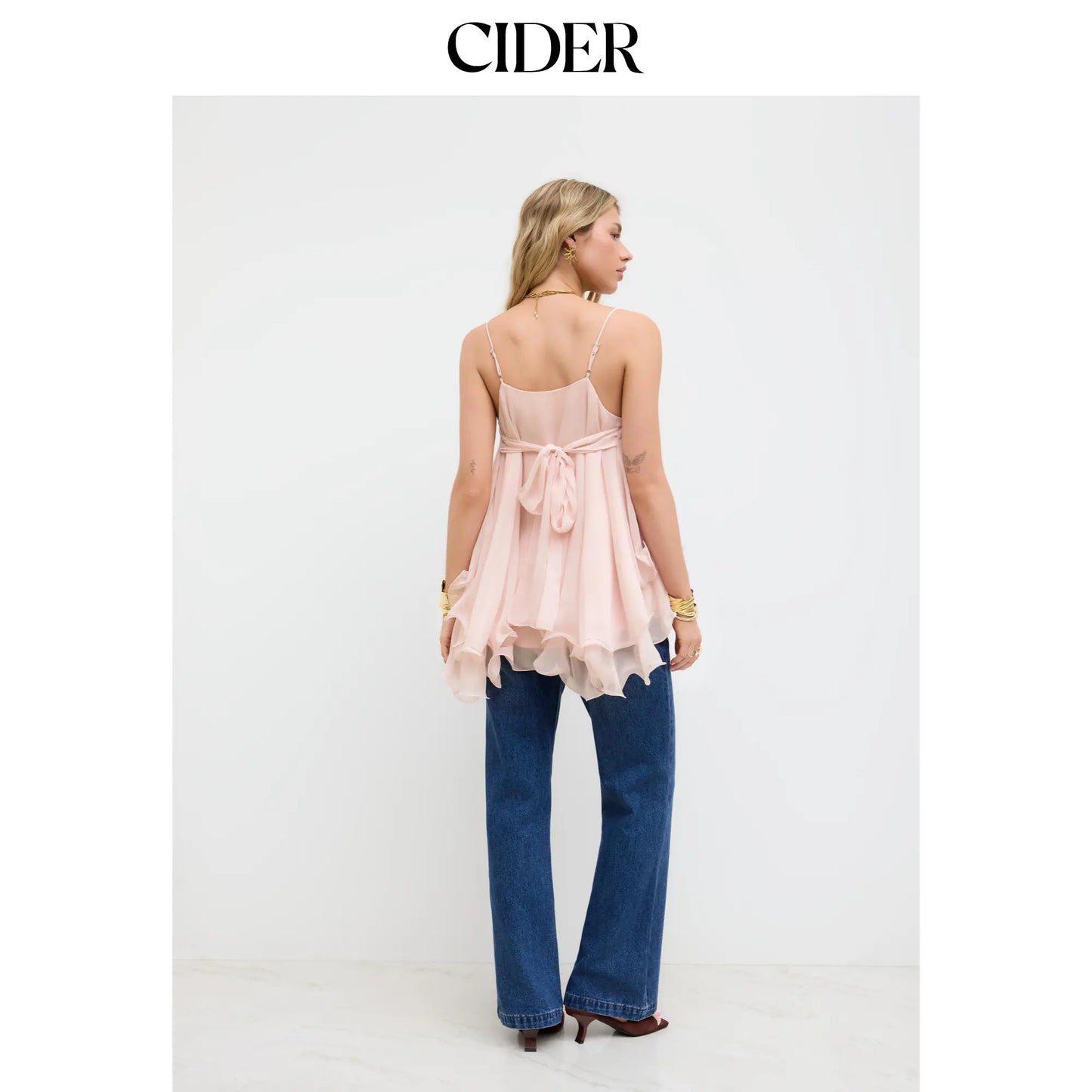 Cider Ruffle Hem Knotted Layered Mesh Cami Top